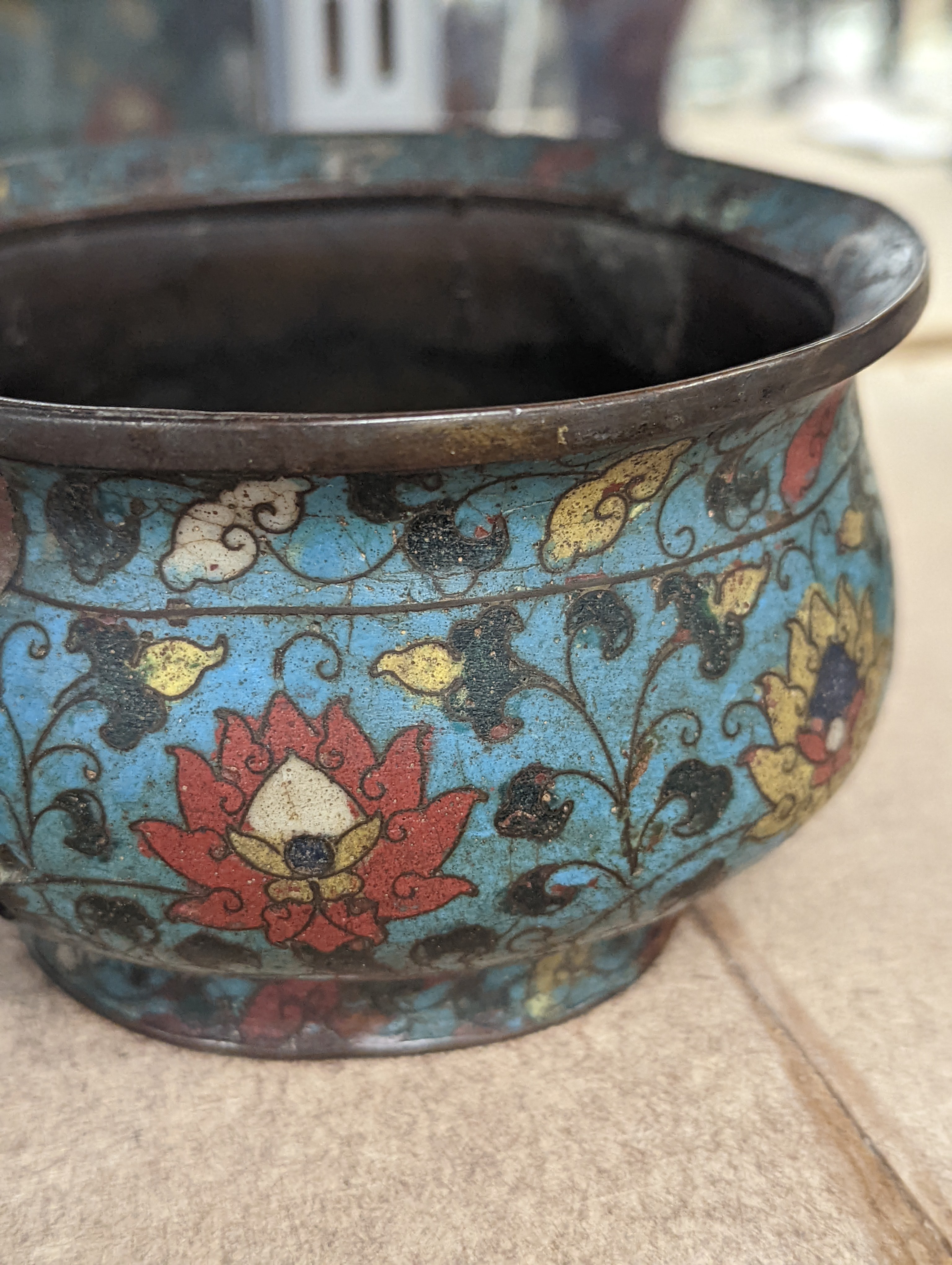 A Chinese late Ming dynasty bronze and cloisonné enamel ding censer 18cm